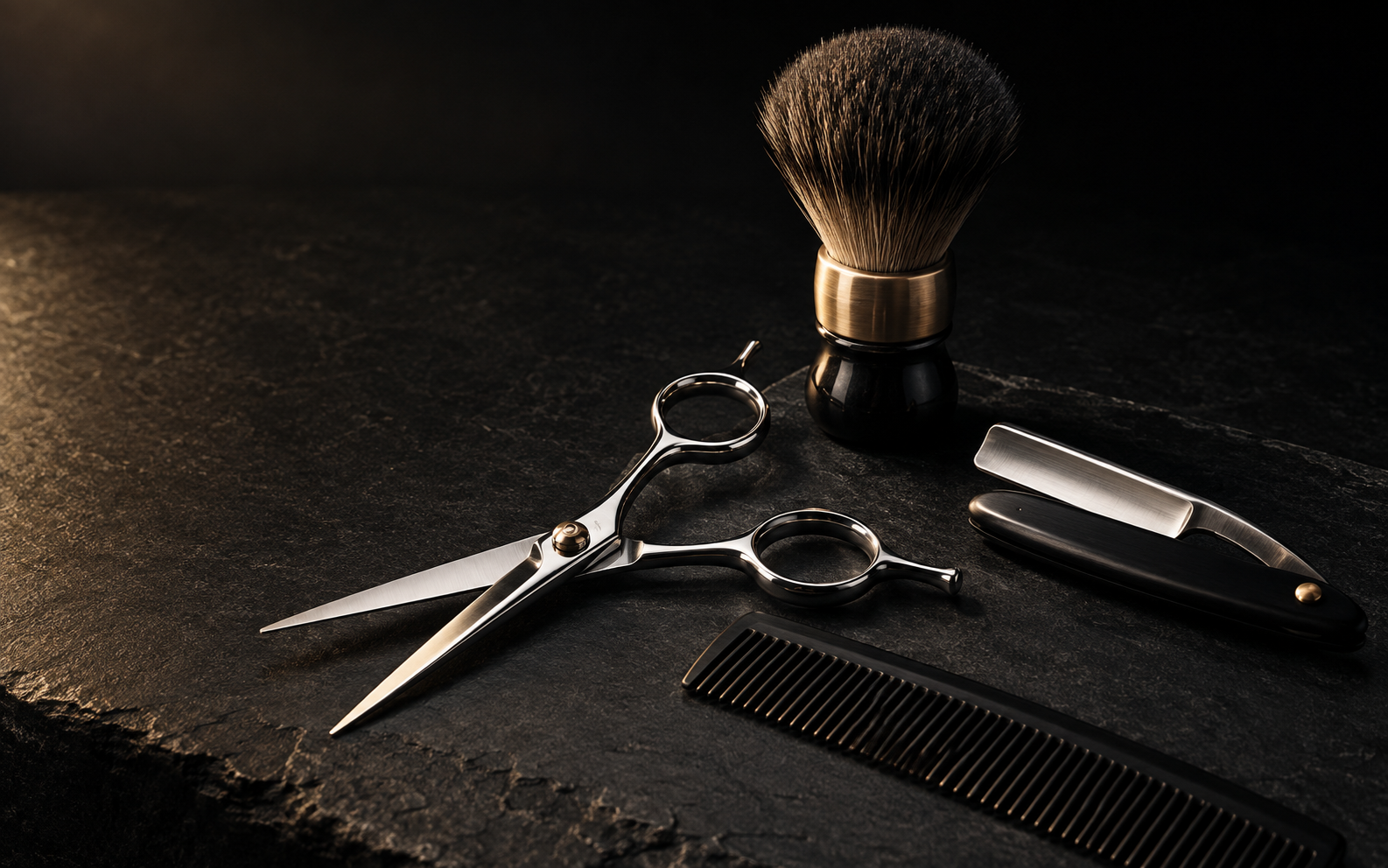 Illustrative still life of chrome barber scissors and shaving brush on a dark surface in warm light